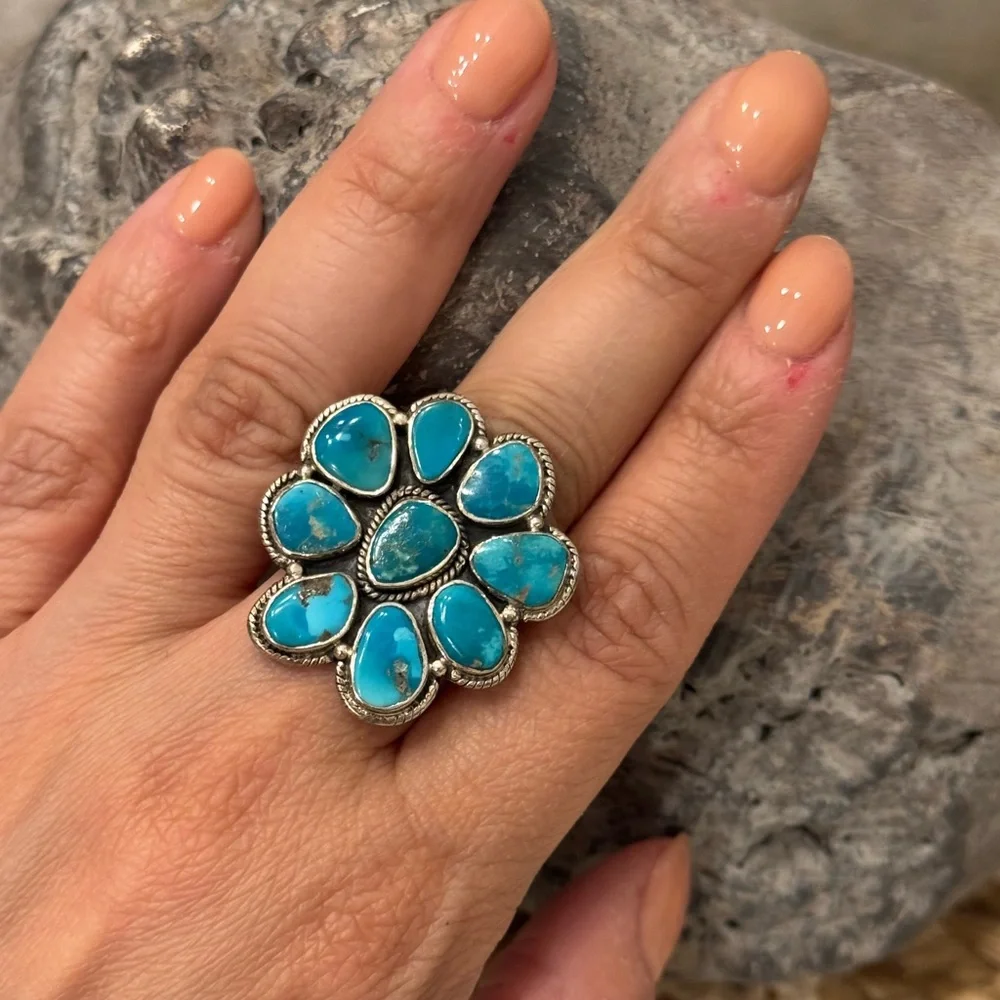 TURQUOISE/SILVER CLUSTER RING - Picture 4 of 12